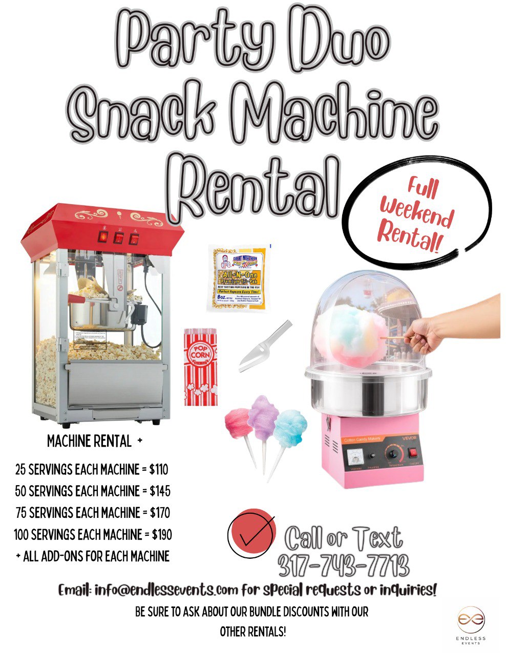 Party Duo Snack Machine Rental flyer (Popcorn + Cotton Candy)