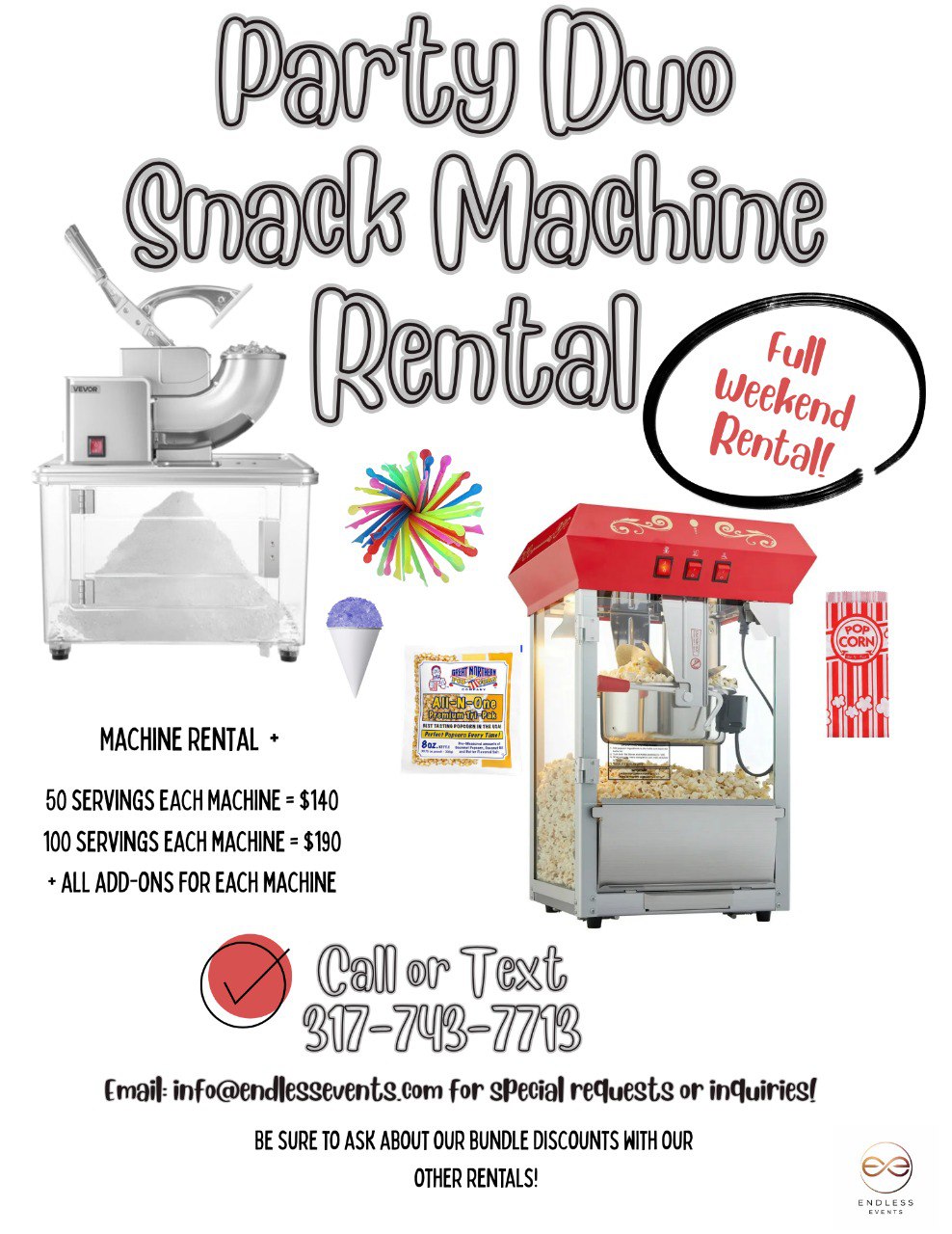 Party Duo Snack Machine Rental flyer (Popcorn + Snow Cone)