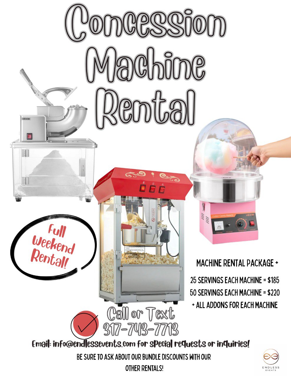 Concession Machine Rental flyer (Popcorn + Snow Cone + Cotton Candy)