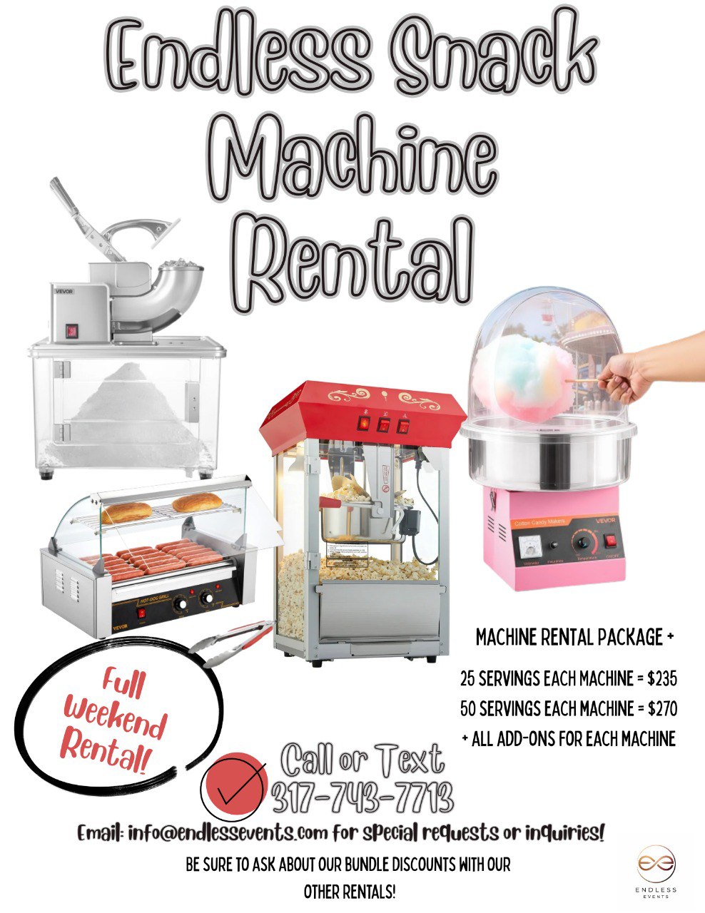 Endless Snack Machine Rental flyer (Popcorn + Cotton Candy + Snow Cone + Hot Dog Roller)